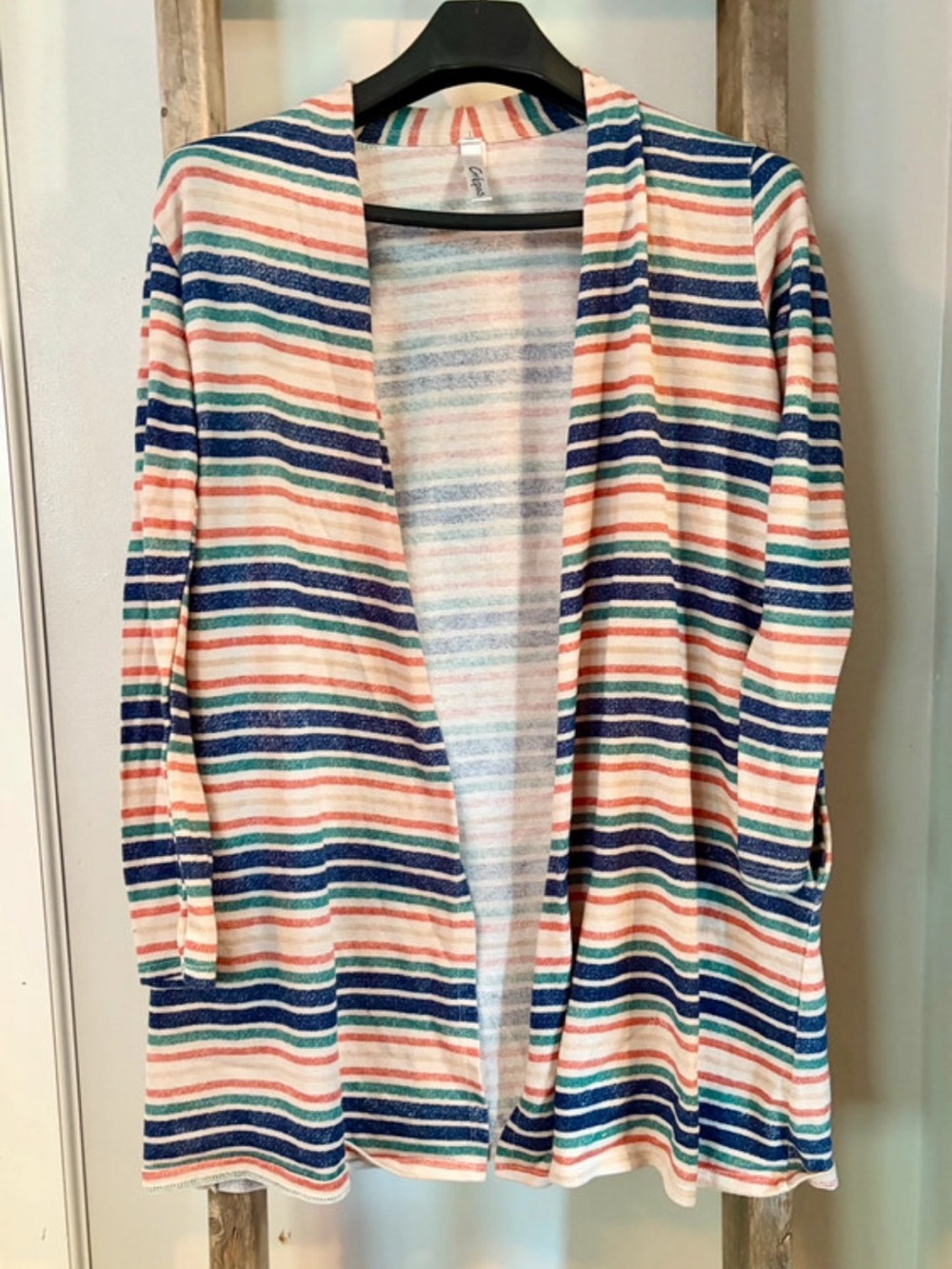 Open-Front Striped Cardigan Sweater in Navy, Coral & Cream